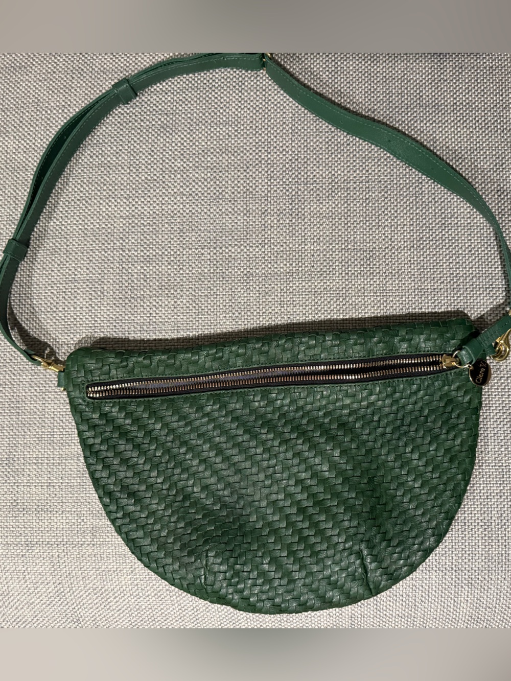 Woven Green Leather Crossbody Bag with Front Zip - Women